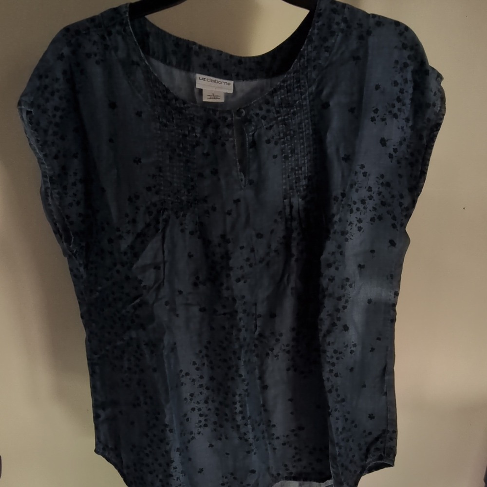 Liz Claiborne Blue Floral Woven Women's Sleeveless Blouse Button Pleated Size L